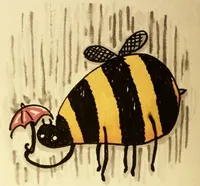 A bee with an umbrella getting rained on